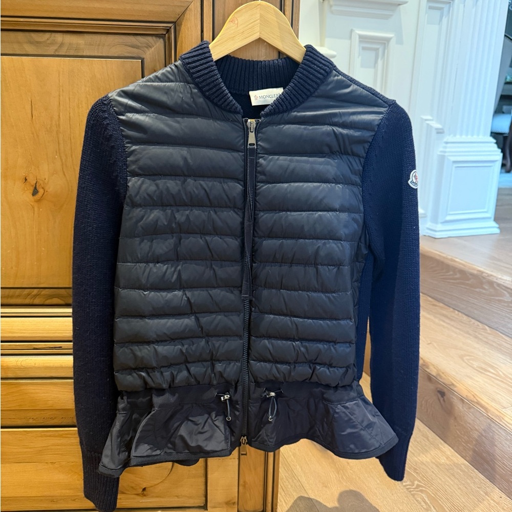 Moncler Navy Jacket with Knit Sleeves